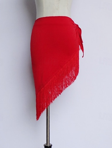  Rødt asymmetrisk latinsk danseskjørt med frynser til dame