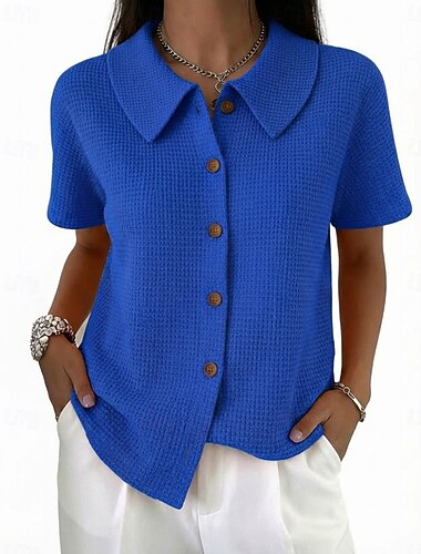 Damen Waffelhemd Knöpfe Einfach Vintage Stilvoll Klassisch Ärmellos Kurzarm Umlegekragen Hemdkragen Normale Oberteile Täglich Blau Schwarz Weiß Rosa Orange Sommer Frühling