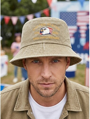  Heren katoenen bucket hat met geborduurde adelaar, veelkleurige patriottische hoed ter ere van het 250-jarig jubileum van de VS, perfect voor casual kleding, reizen, vakanties en outdoor festivals.