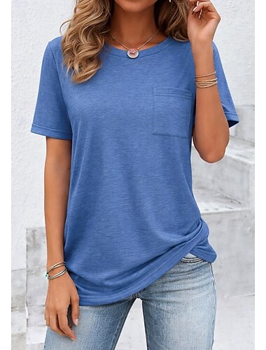  Dámské Tričko Trička Přední kapsa Pevná barva Vinobraní stylové Na běžné nošení Krátký rukáv Tričkový Dlouhé topy Denní Jdeme ven Černá Bílá Prašná růže Námořnická modř Trávová zelená Léto Jaro