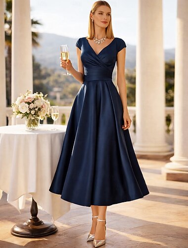  A-linje Telång Cocktailklänningar Festklänningar Elegant Ärmlös V-hals Bröllopsgäst Charmeuse med Veckad