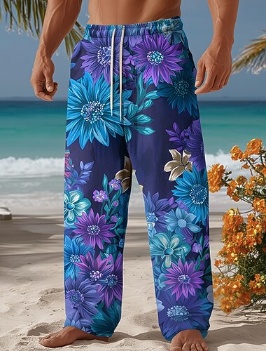  Homme Imprimé Floral Fleurs tropicales Pantalons Pantalons Amples Pantalon décontracté Taille Moyenne Hawaïen Extérieur Vacances Tenue de plage Taille élastique avec cordon de serrage Pantalon en lin