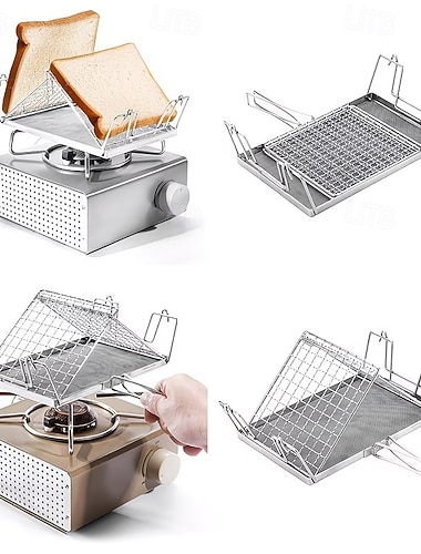  ruostumattomasta teräksestä valmistettu kokoontaitettava leivänpaahdinteline, kannettava kädessä pidettävä ulkogrilli, sopii piknikille ja retkeilyyn, leivontatyökalu, irrotettava ja helppo puhdistaa,