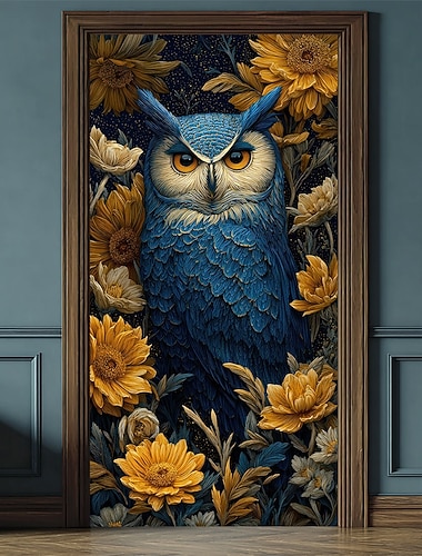  gufo blu con girasoli gialli arte floreale di mezzanotte cielo notturno stellato striscione per porta arazzo da parete striscione per porta da garage arredamento per la casa decorazione per porta