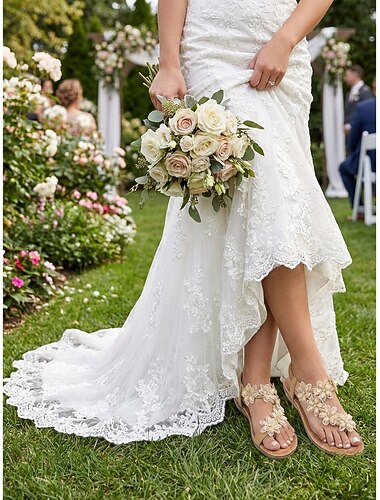  סנדלים שטוחים פרחוניים לבנים לנשים - נעלי כלה נוחות לחתונות גן