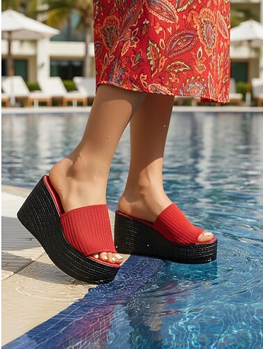 sandali con zeppa e plateau rossi da donna – tomaia in tessuto elasticizzato, sandali moderni in stile casual da indossare tutti i giorni, viaggi, shopping, vacanze al mare, gite estive &incontri