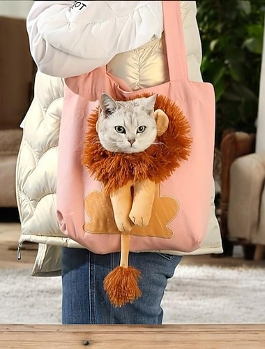  Bolsa de transporte para animais de estimação com estampa de juba de leão: bolsa de ombro de linho rosa e pelúcia.