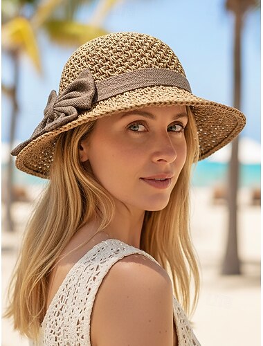  Dameshoed van stro in bohemianstijl met strik – verkrijgbaar in meerdere kleuren, opvouwbaar voor gemakkelijk meenemen, perfect voor een casual look en een stijlvolle strandvakantie.
