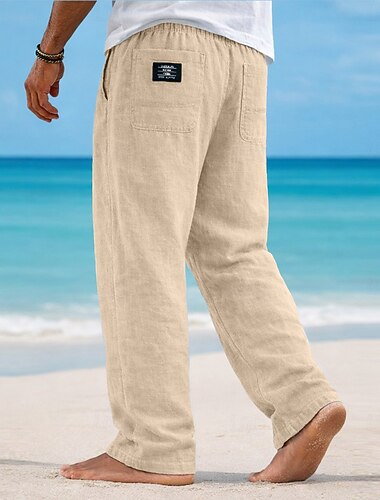  Herren Leinenhosen Hose Sommerhose Baggy-Hosen Strandhose Kordelzug Elastischer Bund Gerader Schnitt Einfarbig Leicht Atmungsaktiv Volle Länge Lässig Täglich Ferien Urlaub Mode Schwarz Marineblau
