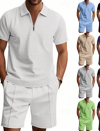  Homme Chemises Polo Gaufre Ensembles T-shirt Survêtement Ensemble short et T-shirt Manche Courte Col ras du cou Été Uni Gymnastique Occasionnel 2 pièces Quart de zip Occasionnel Vacances Tenue
