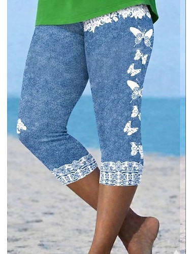  Dame Capri-bukser Leggings Ferie Mote Hawaiisk Capris Medium Midje Blomstret Grafisk Printer Trykt mønster Komfort Myk Pustende Elastisk Avslappet Daglig Feriereise Blå Sommer Vår Slank Fasong