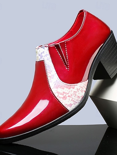  Pánské červené lakované mokasíny se špičatou špičkou, módní společenské boty, lesklé nazouvací boty na formální večírky, bankety, plesy, divadelní vystoupení, do nočních klubů a na večerní nošení.