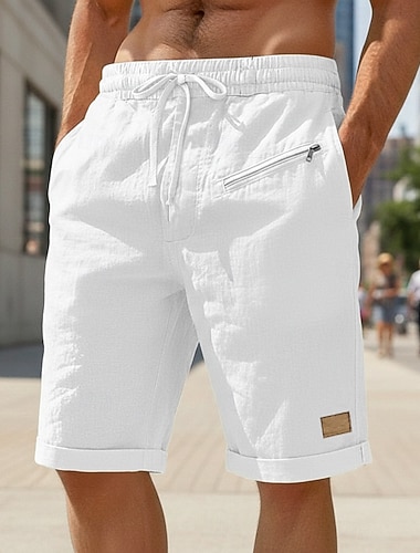  Herren Leinenshorts Sommershorts Strandshorts Kordelzug Elastischer Bund Reißverschlusstasche Einfach Einheitliche Farbe Komfort Weich Knielang Täglich Strand Mode Schick & Modern Blau Schwarz