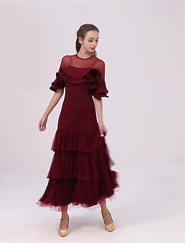  Taniec balowy Sukienka Plisy Falbany Łączenie Damskie Impreza Szkolenie Spektakl Krótki rękaw Spandeks Poliester