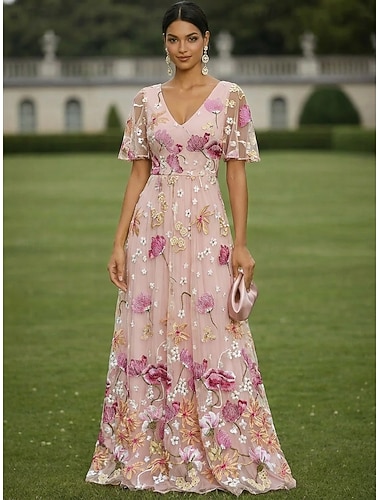  A-Linie Kleid Bodenlang Partykleid Cocktailkleid Brautmutterkleid Kurzarm V Ausschnitt Elegant Vintage luxuriös Formell Hochzeitsgast Kentucky Derby Chiffon Tüll mit Blumenmuster Stickerei Blume