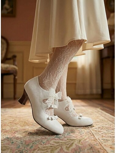  Dames Mary Janes in Victoriaanse stijl - elegante retro pumps in Edwardiaanse stijl met drie strikbandjes en kanten lint, perfect voor vintage bruiloften en theekransjes. &historische kostuums