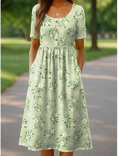  Damen Midikleid Freizeitkleid Sommerkleid Urlaub Lässig Strand Ferien Normale Passform Blumen Grafik Kurzarm Rundhalsausschnitt Blau Rosa Purpur Grün Sommer Frühling