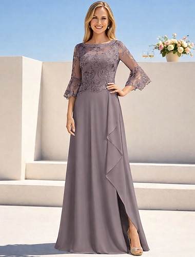  A-lijn Tot de grond Bruiloft gast jurk Formele jurk Avondjurk Moeder van de bruid jurk Lange mouw Strakke ronde hals Elegant Formeel Bruiloft gast Formele avonden Chiffon met Effen kleur