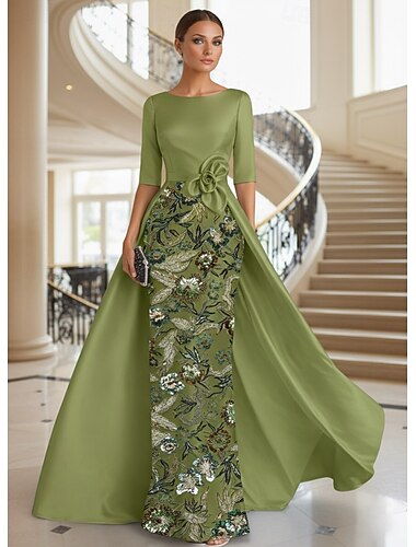  A-Linie Schlauchkleid Bodenlang Abendkleid Ballkleid mit Überrock Elegant Glitzernd Blumen Halbarm Rundhalsausschnitt Abschlussball Abendgesellschaft Satin mit Paillette Schlitz Perlenbestickt