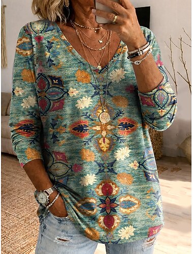  Dame T skjorte Trykt mønster Grafisk Årgang Årgang Fritid Bohem Langermet V-hals Crop Tops Daglig Lys beige Grønn Sommer Vår