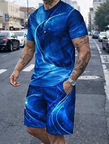  Herre Geometrisk 2stk T-shirts sæt Sommertoppe Kortærmet Korte bukser Rund hals Sport Afslappet Smarte udendørs Ferierejse I-byen-tøj 3D-udskrivning Sommer Blå Lilla Grøn