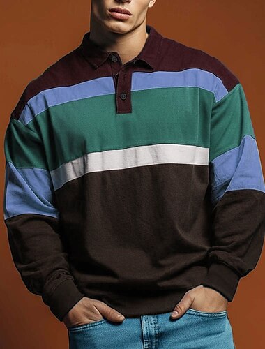  Herre Stribe Rugby Polo Langærmet Polo skjorter Skjorter med krave Afslappet udendørs atletiktøj 3D-udskrivning Forår Efterår Blå Rød