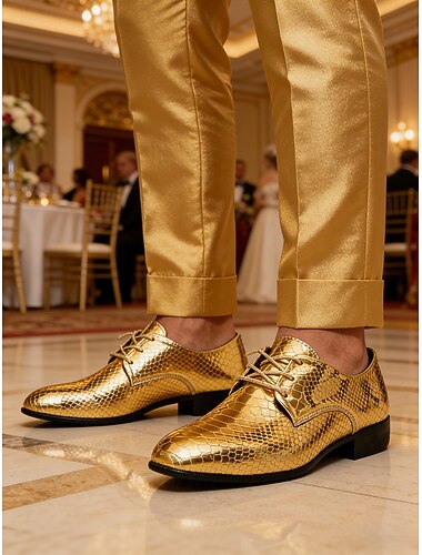  Herresko med gullfarget krokodillepreget metallisk dress – skinnende formelt fottøy til fester, bryllup og nattklubbarrangementer