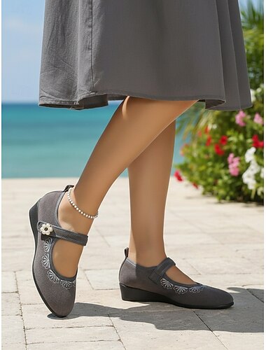  Dámské šedé vyšívané boty Mary Jane - ležérní balerínky s magickými pásky pro zralé ženy, každodenní nošení, do práce, na chůzi a cestování