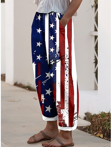  Calça feminina casual para o Dia da Independência Americana, estilo vintage, ideal para férias e uso diário. Calça comprida de cintura alta, confortável e respirável.