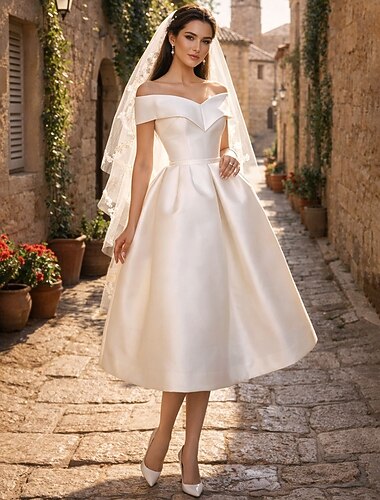  Ducha Nupcial Vestido Blanco Pequeño Vestidos de Ducha Nupcial Vestidos de Novia Simples A-Line Sin Mangas Manga Corta Longitud Té Vestidos de Novia de Satén con Color Sólido 2024