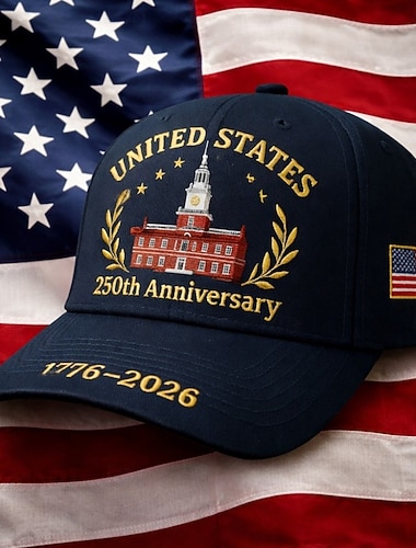  Cappello da baseball patriottico ricamato Independence Hall per il 250° anniversario degli Stati Uniti, 1776-2026, cappello regolabile in cotone, 4 luglio, regalo per la celebrazione degli Stati Uniti