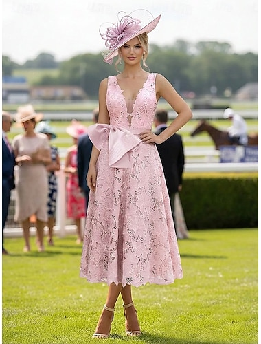  A-Linie Knöchellänge Tee-Länge Cocktailkleider Elegant Blumen Ärmellos V Ausschnitt Hochzeit Formell Spitze V-Ausschnitt mit Schleife(n) Stickerei Applikationen