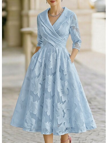  A-linje Ankellengde Te-lengde Skjortekjole Formell kjole Kjole til brudens mor 3/4 ermer Skjortekrage Elegant Årgang Formell Bryllupsgjest Kentucky Derby Jacquard med Plissert Blomst