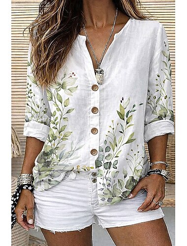  Dam Skjorta Tunika Summer Tops Knappar Blommig Grafisk Semester Dagligen Långärmad V-hals Långa toppar Dagligen Helgdag Utekväll Blå Purpur Grön Sommar Vår
