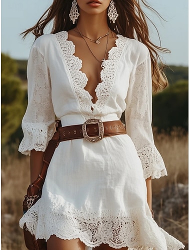  Damen Minikleid Boho-Kleid Spitzenkleid Westernkleid Elegant Mode Modern Outdoor Urlaub Ausgehen Normale Passform Einfach Langarm V Ausschnitt Weiß Sommer Frühling