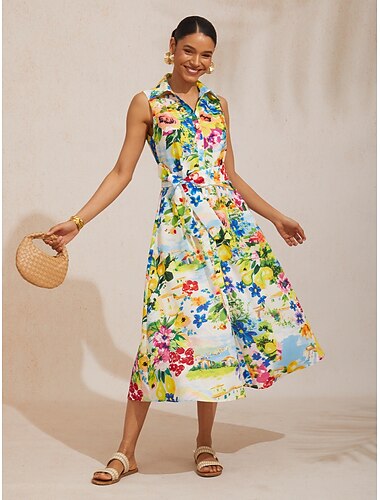  abito lungo effetto lino leggero con motivo giardino di agrumi per le vacanze