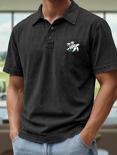  Voor heren Schildpad Poloshirts Acid Wash-shirt 100% Katoen Korte mouw Poloshirt Overhemden met kraag Hawaii Casual Buiten Feestdagen Vakantiekleding 3D-afdrukken Knop Lente zomer blauw Zwart Groen