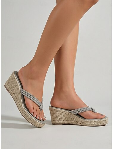  Sandales compensées élégantes gris clair pour femme - brides entre-doigts ornées de strass scintillants et plateforme en espadrille tressée, idéales pour les séjours en plein air et les garden-parties