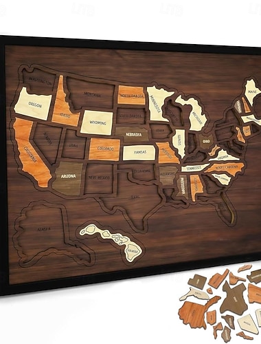  USA-Puzzle aus Holz, lehrreiches Geografie-Werkzeug, 30,5 x 25,4 cm, Reisekarte mit Sehenswürdigkeiten der USA, lustiges Reisespielzeug, realistische Details, für Paare und Familien
