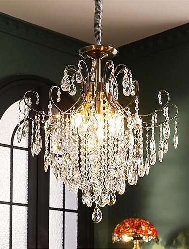  Moderne krystallregndråpeformede lysekroner, gullfarget taklampe med 6 lys til spisestue, stue, soverom, entré/entré