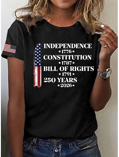  Giorno dell'Indipendenza Americana Per donna Maglietta Stampato Grafico Bandiera Lettera Vintage Elegante Classico Manica Corta Girocollo Top Regolari Quotidiano Blu Nero Bianco Rosso Estate Primavera