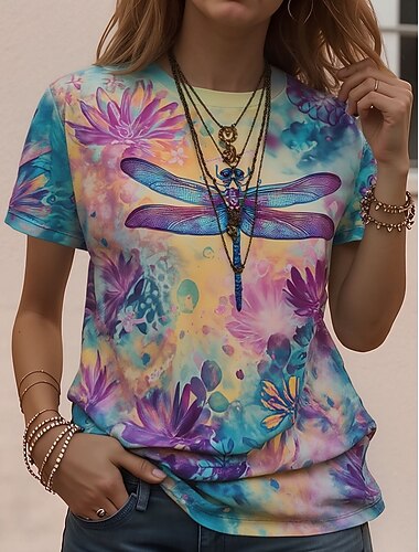  Per donna Maglietta Stampato Floreale Grafico Piante Vintage Elegante Classico Manica Corta Girocollo Top Regolari Quotidiano Weekend Giallo Rosa Arcobaleno Estate Primavera