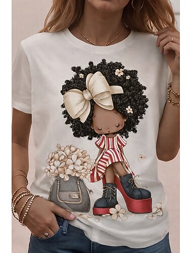  Dame T skjorte Trykt mønster Grafisk Dyr Årgang Stilfull Klassisk Kortermet Crew-hals Rund hals Lange topper Daglig Helg Lys beige Hvit Kakifarget Sommer Vår