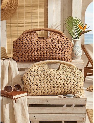  Damevevd stråclutch, håndveske med stor kapasitet, flere farger, stilig og uformelt tilbehør for hverdagsbruk, ferie og fest