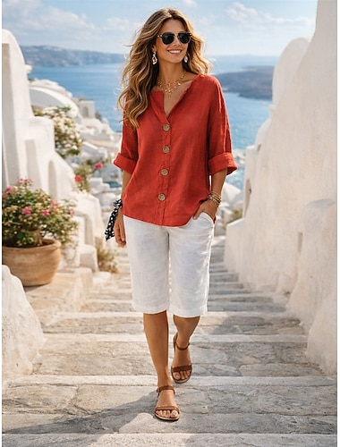  Per donna Set coordinati Camicie di cotone e lino Set Camicia Pantaloncini in cotone e lino Shorts Shorts da Spiaggia Pantaloncini casual Maglietta Mischia e abbina Vestito 2 pezzi Sport Streetwear