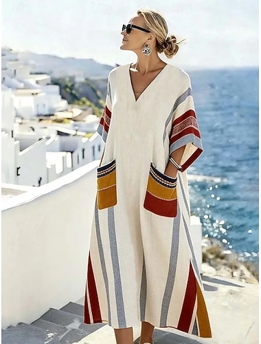  Damen Maxikleid Sommerkleid A Linie Kleid Urlaub Lässig Boho Strand Ausgehen Lässiger Schnitt Blumen Grafik Geometrisch Langarm V Ausschnitt Königliches Blau Grün Khaki Beige Sommer Frühling