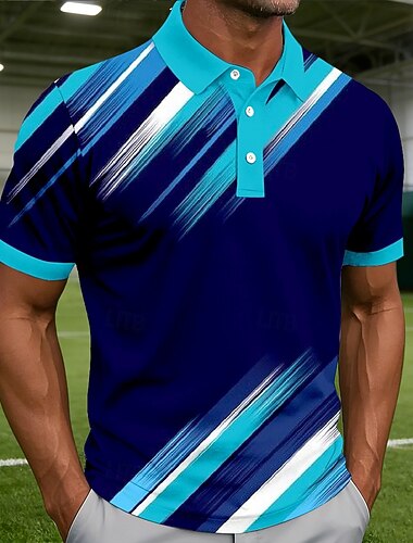  Herren Geometrisch Linie Poloshirts Kurzarm Polo-Shirts Hemden mit Kragen Lässig Athleisure Knöpfe Sommer Frühling Blau Meerblau Grün