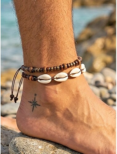  Herre bohemsk ankelkjedesett med kauri-skall og treperler, 2 stk. tribal håndlaget justerbart fotsmykke for sommerstrandferie og hverdagsbruk