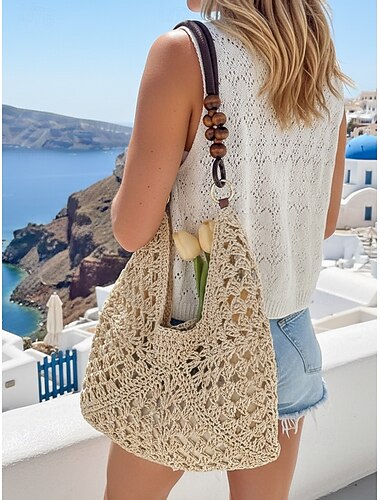  Dames schoudertas van geweven materiaal, meerkleurig, grote inhoud, bohemian stijl, perfect voor strand- en resortvakanties.