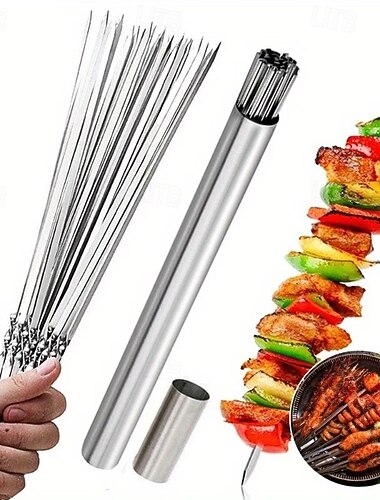  Set di 51 spiedini da barbecue in acciaio inox con supporto tubolare, spiedini riutilizzabili per grigliare, forchette piatte per barbecue da campeggio, utensili per cucinare all'aperto e per picnic,